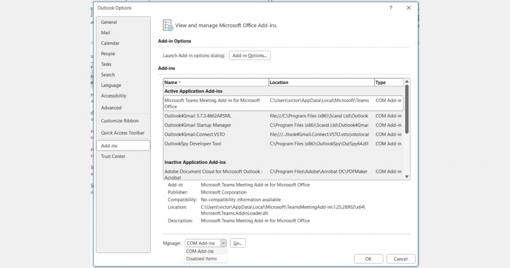 Aktivieren und Deaktivieren von COM-Add-Ins in den Outlook-Einstellungen